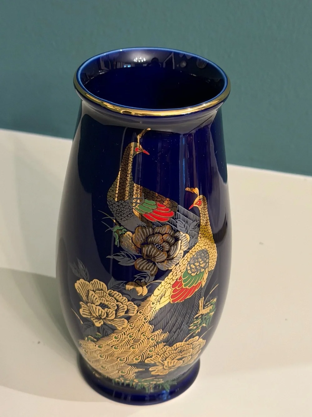 Vintage Japanese Kutani Cobalt Blue Peacock Porcelain Vase Gold Gilt 7.5”